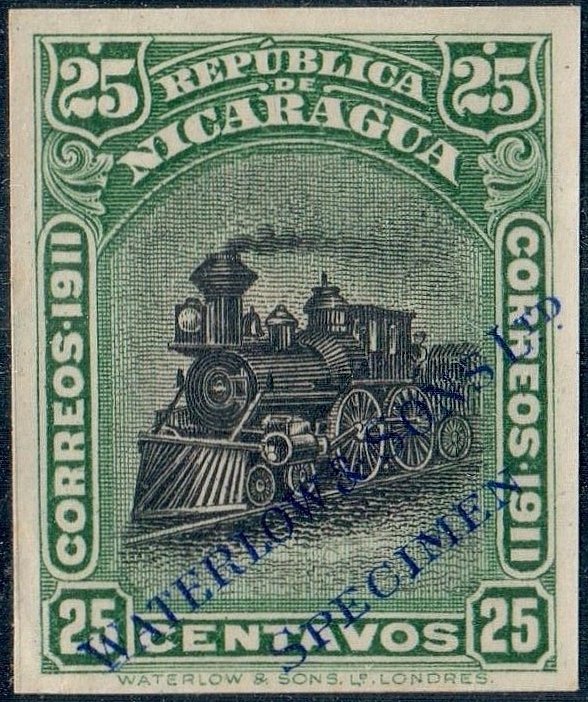 Nicaragua Waterlow 1912 Locomotive stamp 25c design Imperforate Printers' Sample Color Trials Specimen Stamps from Salesmen's books